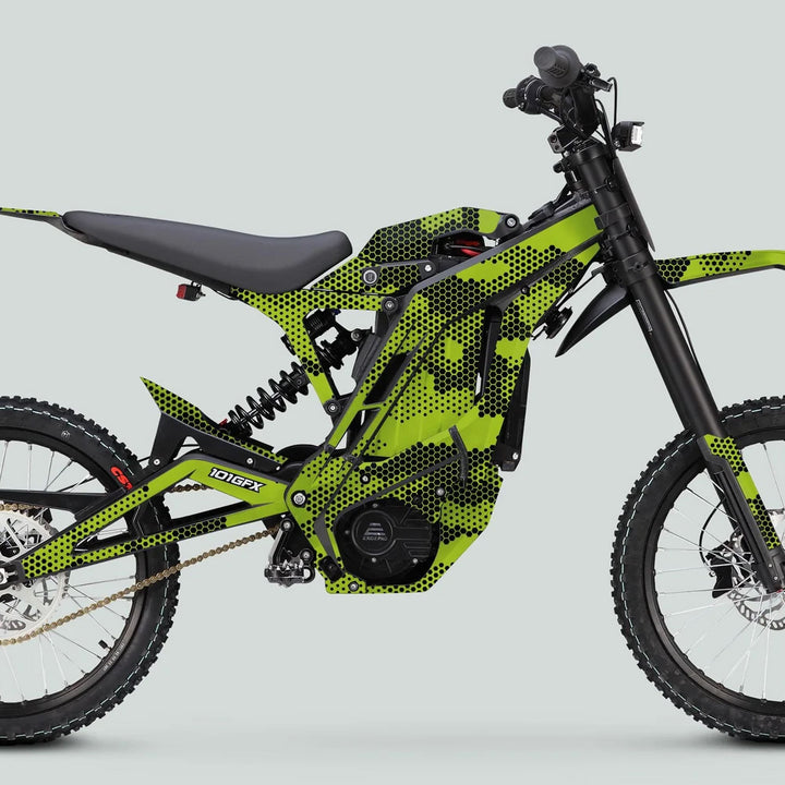 Off-road electric dirt-bike featuring the E Ride Pro SS Graphics Kit HEXOCAM GREEN, showcasing high-rise handlebars, knobby tires, and durable, modern HEXOCAM design.
