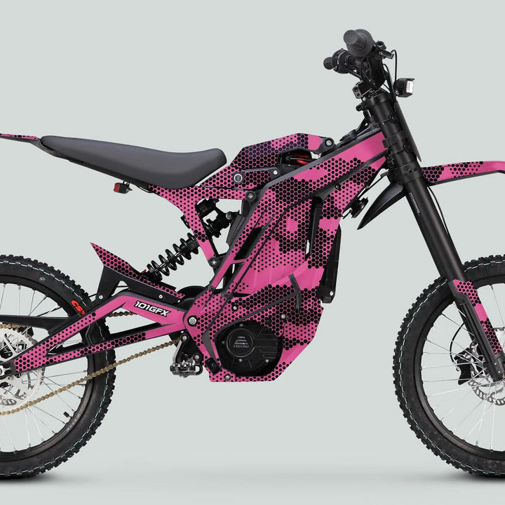 E Ride Pro SS Graphics Kit HEXOCAM PINK on electric dirt bike with tubular frame, knobby tires, and mid-mounted motor, showcasing striking pink/black design.