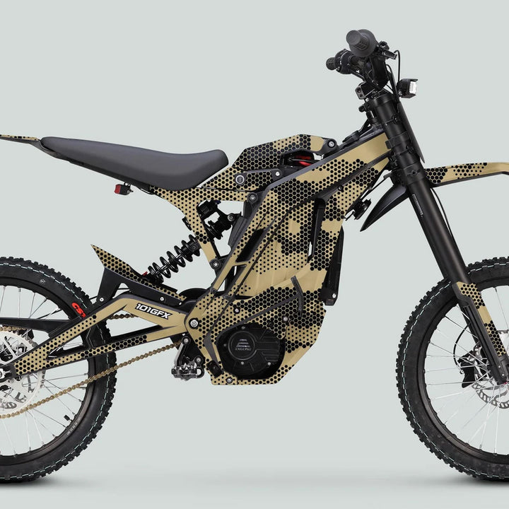E Ride Pro SS Graphics Kit HEXOCAM SAND on a full-suspension e-bike, featuring tan-and-black hex-pattern camouflage, knobby tires, and central electric motor.