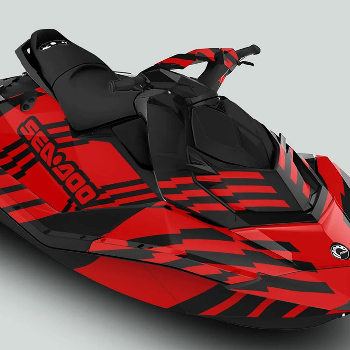 Sea Doo Spark Graphics Kit FAST BLACK RED on a jet ski, featuring a bold design for personalization and protection, tailored for Sea Doo Spark models.