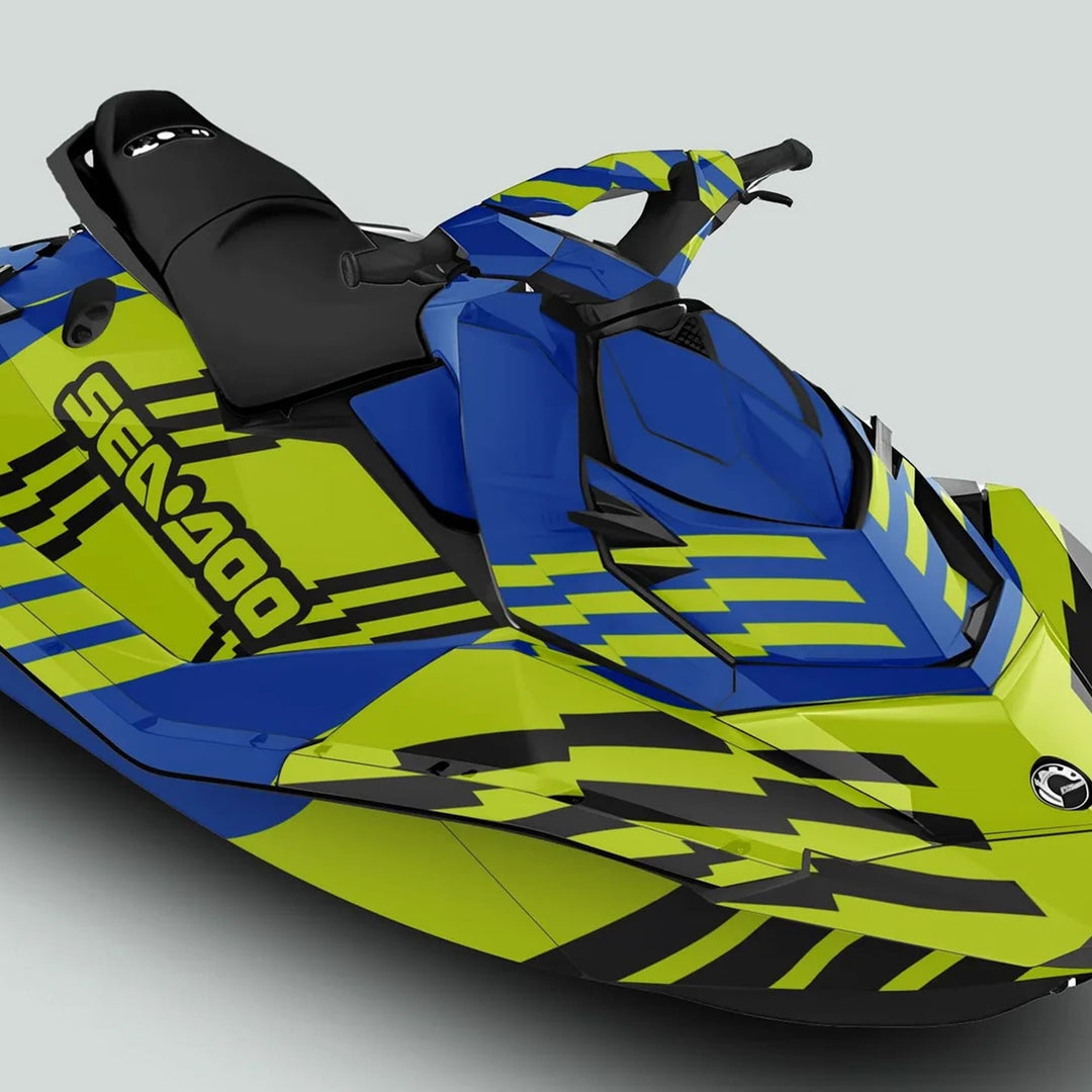 Sea Doo Spark Graphics Kit FAST BLUE GREEN on jet ski features vibrant blue and neon-yellow design, black seat, with Sea-Doo branding enhancing watercraft aesthetics.