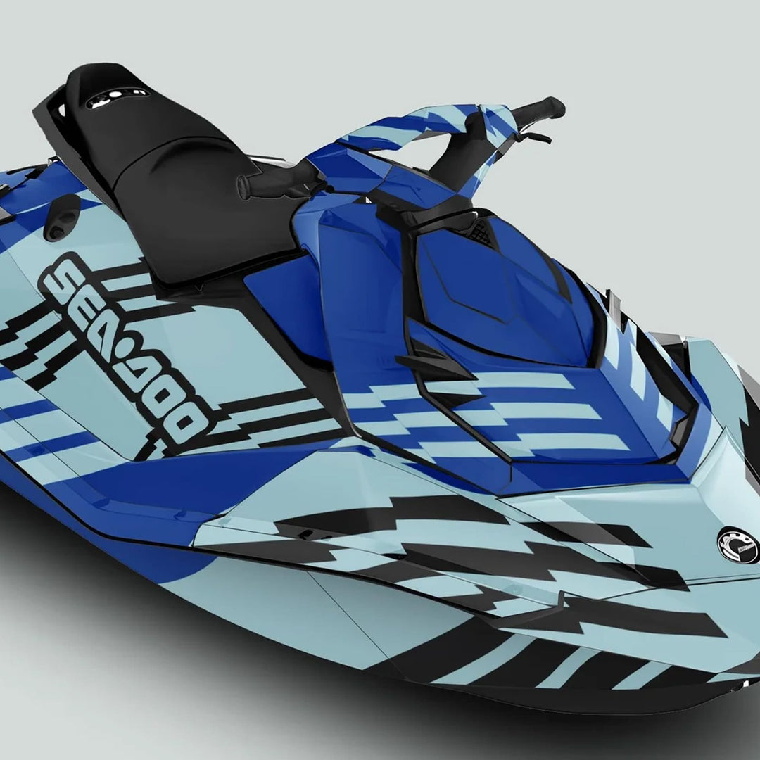 Sea Doo Spark Graphics Kit FAST BLUE MILKY displayed on a jet ski, showcasing a geometric design, Sea-Doo branding, handlebars, and rider’s seat.