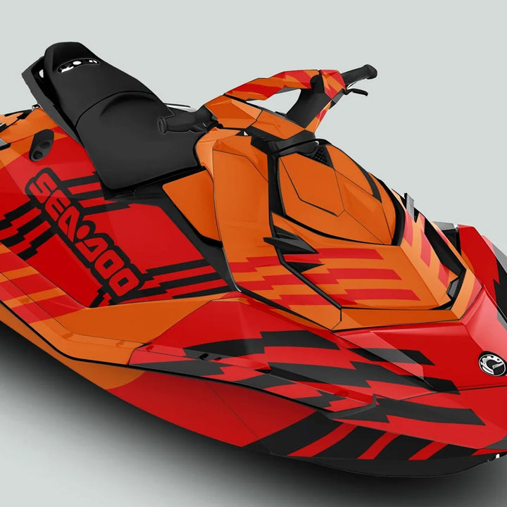 Sea Doo Spark Graphics Kit FAST ORANGE RED on a jet-ski, showcasing red-and-orange geometric design, padded seat, handlebars, and sculpted hull for enhanced style and protection.