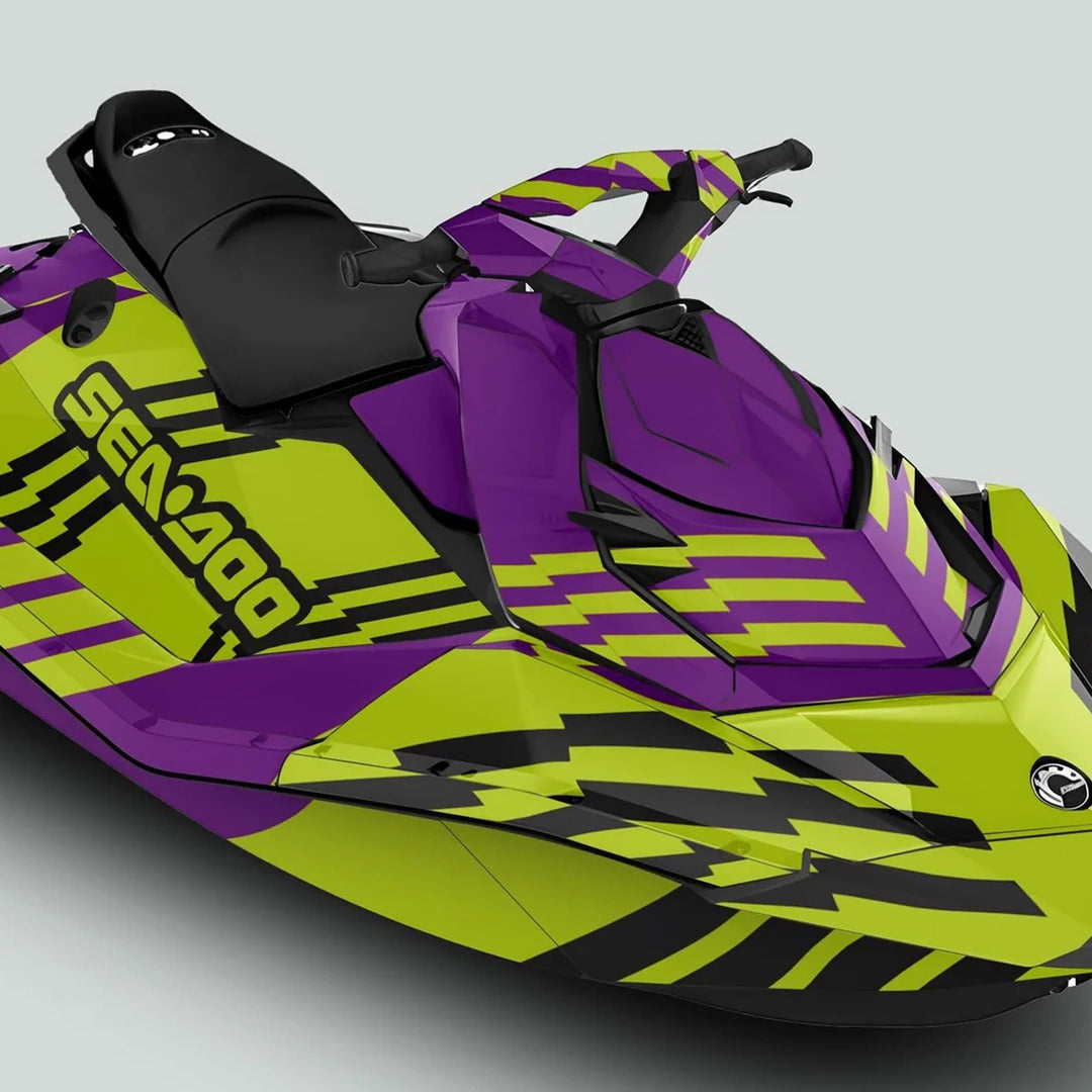 Sea Doo Spark Graphics Kit FAST PURPLE GREEN on a jet ski, showcasing vibrant purple and neon-green design, enhancing aesthetics and surface protection for Sea Doo Spark models.