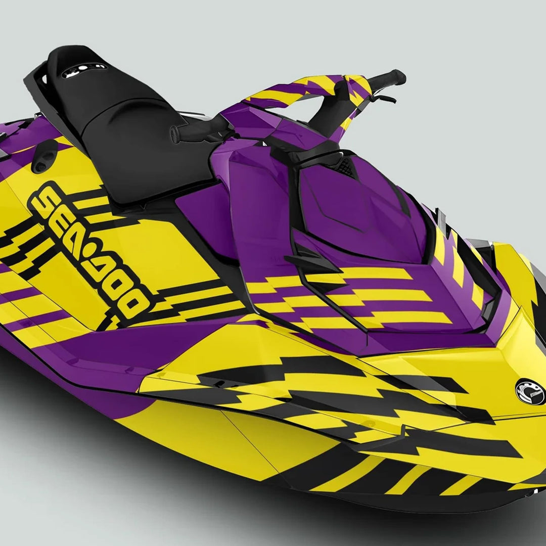 Sea Doo Spark Graphics Kit FAST PURPLE YELLOW on jet ski with custom lightning-bolt motifs and Sea-Doo logo, enhancing aesthetics and personality.
