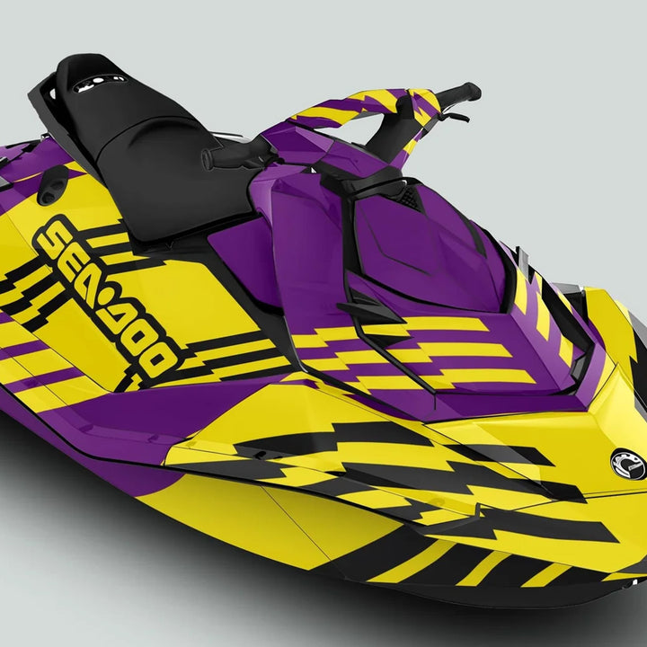 Sea Doo Spark Graphics Kit FAST PURPLE YELLOW on jet ski with custom lightning-bolt motifs and Sea-Doo logo, enhancing aesthetics and personality.