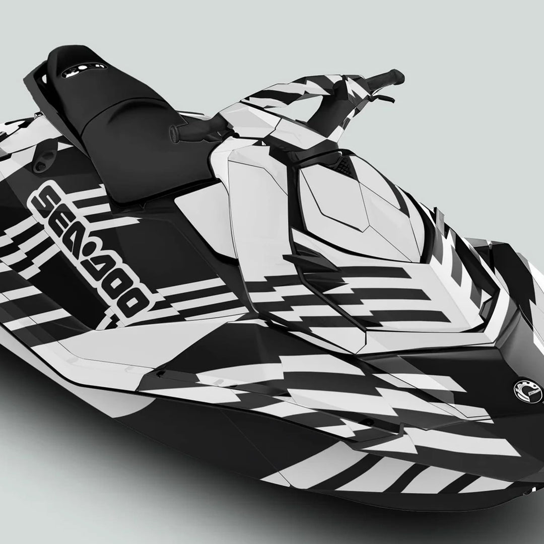 Sea Doo Spark Graphics kit FAST WHITE BLACK on jet ski, showing black-and-white geometric design with seat, handlebars, enhancing watercraft's dynamic aesthetic.