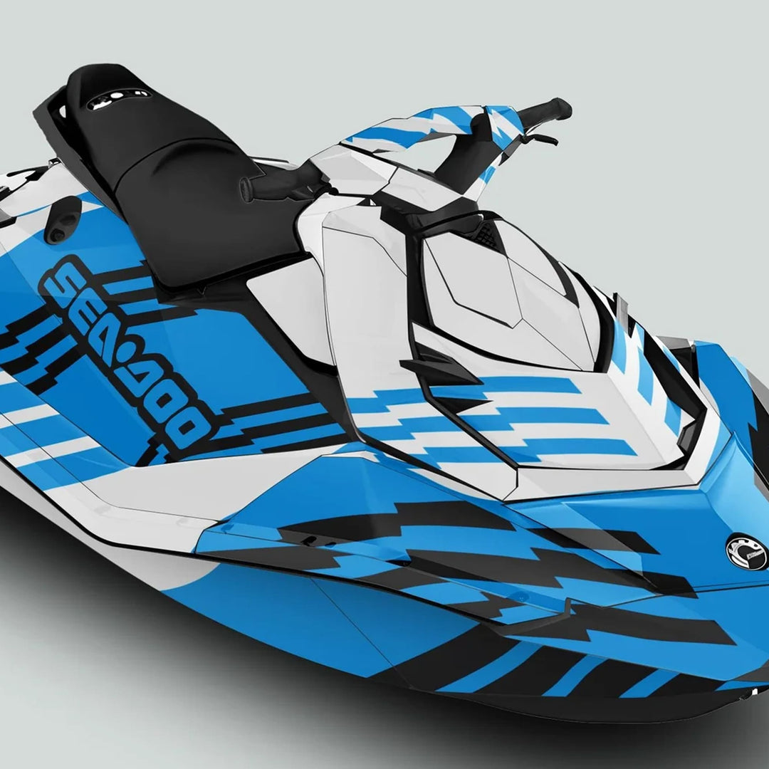 Sea Doo Spark with FAST WHITE CYAN graphics kit, showcasing a sleek blue, white, and black design on its hull, handlebars, and seating area.