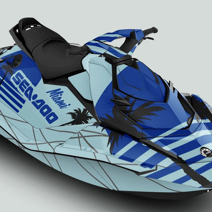 Sea Doo Spark Graphics Kit MIAMI MILKY BLUE featuring custom blue-and-white wrap with palm-tree silhouettes, striping, and “Miami” text, enhancing aesthetics and protection.