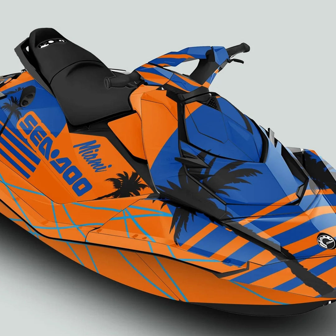 Sea Doo Spark Graphics Kit MIAMI ORANGE BLUE with vibrant orange and blue panels, palm-tree silhouettes, and Miami text, enhancing your watercraft's style and protection.