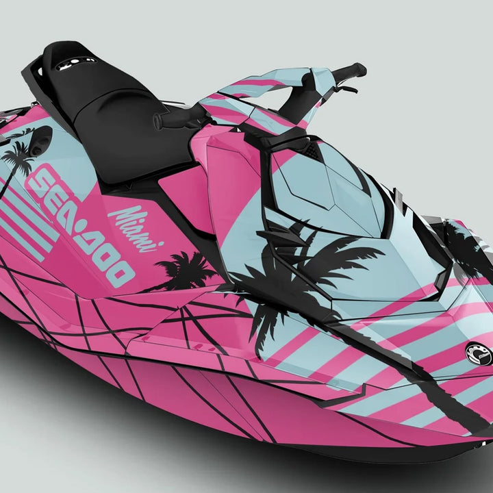 Sea Doo Spark Graphics Kit MIAMI PINK MILKY features vibrant pink-blue stripes and palm-tree silhouettes, enhancing style and protection on your watercraft.