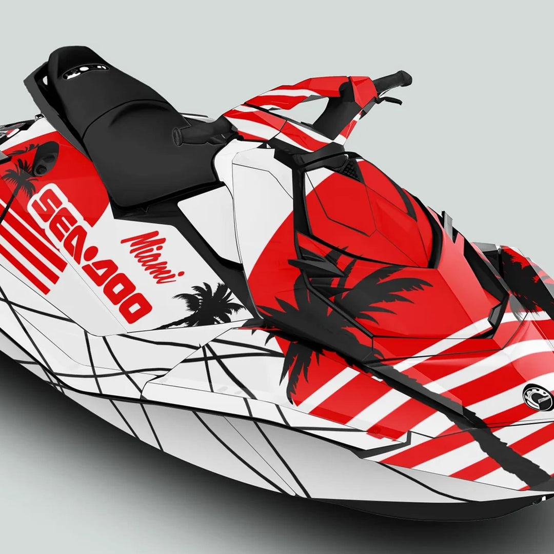 Sea Doo Spark Graphics Kit MIAMI WHITE RED on jet-ski, featuring palm trees, stripes, and Miami text, enhancing aesthetics and durability.