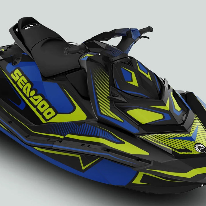 Sea Doo Spark Graphics Kit RACE LINE Blue Green, featuring a vibrant design for personal watercraft, enhancing style and durability with easy application and long-lasting adhesive.