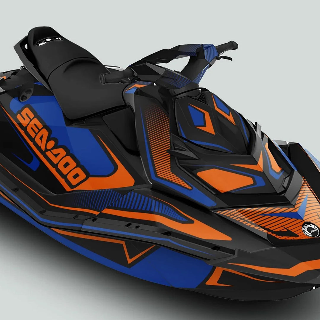 Sea Doo Spark Graphics Kit RACE LINE Blue Orange on a jet ski, featuring bold blue and orange designs, enhancing style with durable, custom-fit decals.