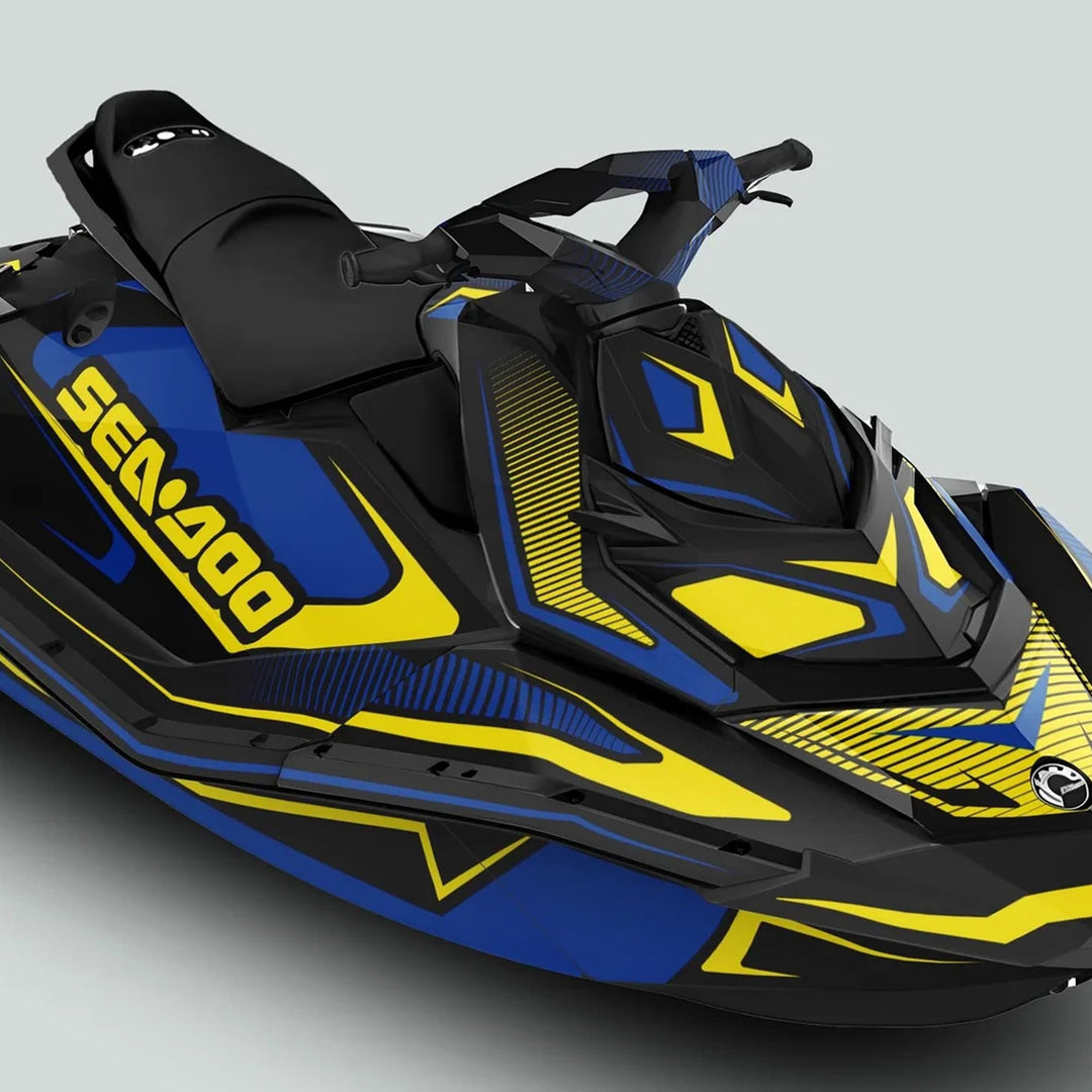 Sea Doo Spark Graphics Kit RACE LINE Cyan Yellow on a jet ski, showcasing bold branding, padded seat, and handlebars for a sporty watercraft look.