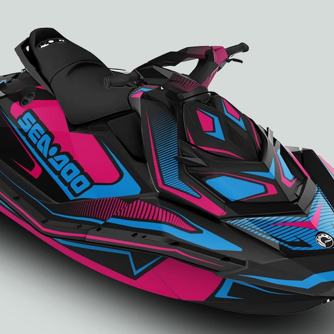 Sea Doo Spark Graphics Kit RACE LINE Magenta Cyan on jet ski with black hull, magenta and cyan stripes, Sea-Doo logo, handlebar, and stepped deck visible.