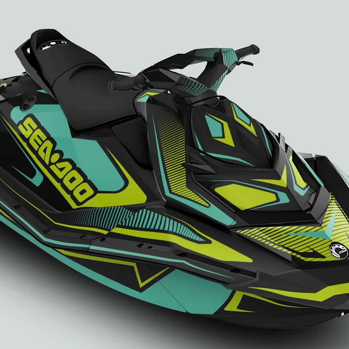 Sea Doo Spark Graphics Kit RACE LINE Mint Green on a jet ski, featuring bold black, teal, and lime-green design for a stylish, custom watercraft look.