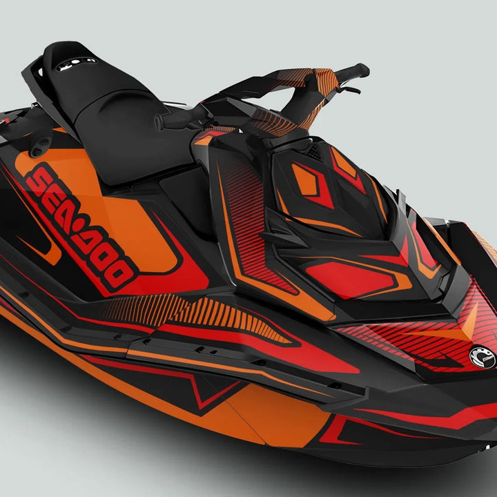 Sea Doo Spark Graphics Kit RACE LINE Orange Red features bold red-orange graphics on a black hull, enhancing Sea Doo Spark's look with durable, easy-to-apply vinyl.