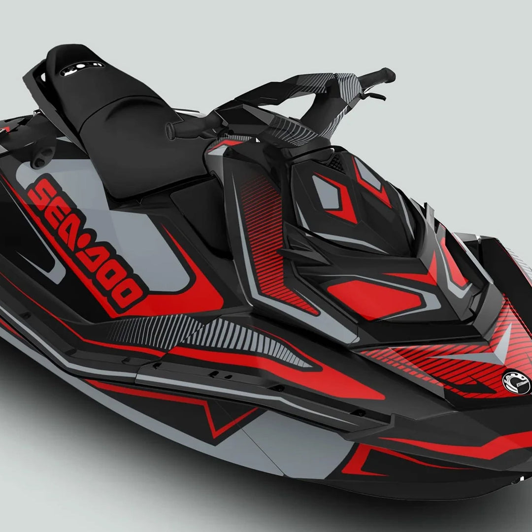 Sea Doo Spark Graphics Kit RACE LINE Red Grey, featuring a bold red, black, and gray design, enhances watercraft style with durable, easy-to-apply decals.