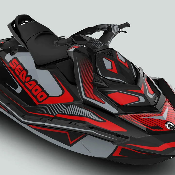 Sea Doo Spark Graphics Kit RACE LINE Red Grey, featuring a bold red, black, and gray design, enhances watercraft style with durable, easy-to-apply decals.
