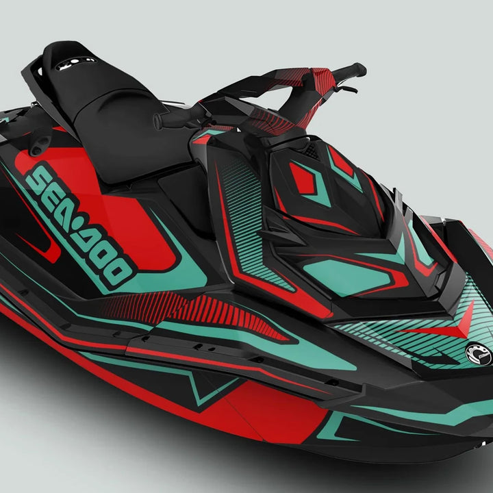 Sea Doo Spark Graphics Kit RACE LINE Red Mint on a watercraft, showcasing the rider's seat, handlebars, and front fairing with logo visible.