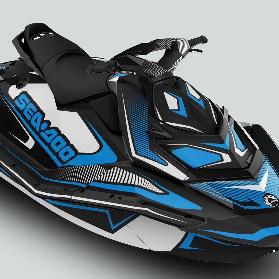 Sea Doo Spark Graphics Kit RACE LINE White Cyan on a Sea-Doo jet ski, featuring bold graphics, padded seat, and handlebars for enhanced aesthetics and protection.