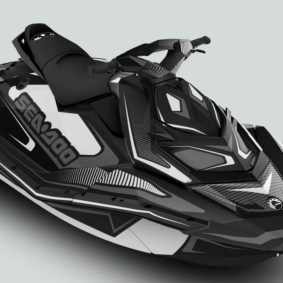 Sea-Doo Spark Graphics Kit RACE LINE White Grey displayed on the front of a Sea-Doo PWC, showcasing modern design with durable, race-inspired decals.