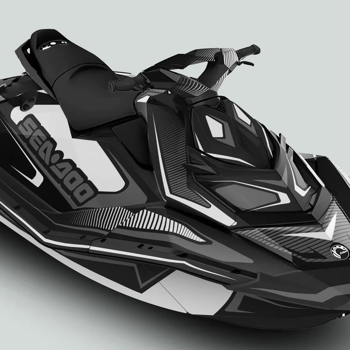 Sea-Doo Spark Graphics Kit RACE LINE White Grey displayed on the front of a Sea-Doo PWC, showcasing modern design with durable, race-inspired decals.