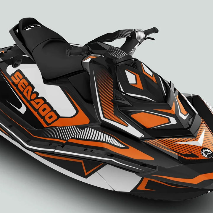 Sea Doo Spark Graphics Kit RACE LINE White Orange on a jet ski, highlighting sporty seat, handlebars, and durable vinyl decals for enhanced style and visibility.
