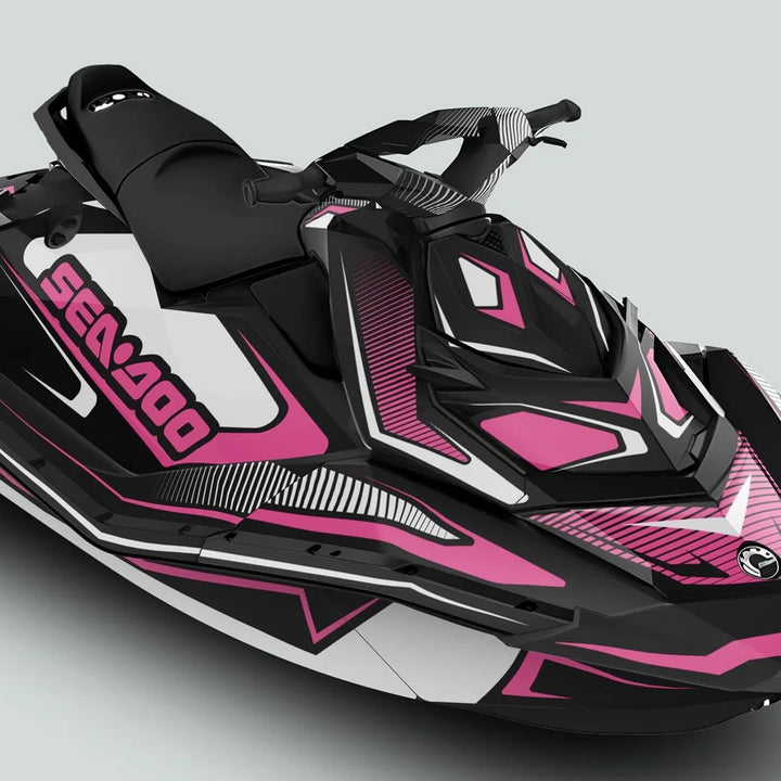 Sea Doo Spark Graphics Kit RACE LINE White Pink on jet ski, featuring sculpted hull, contoured seat, handlebars, and Sea-Doo logo for personalization and durability.