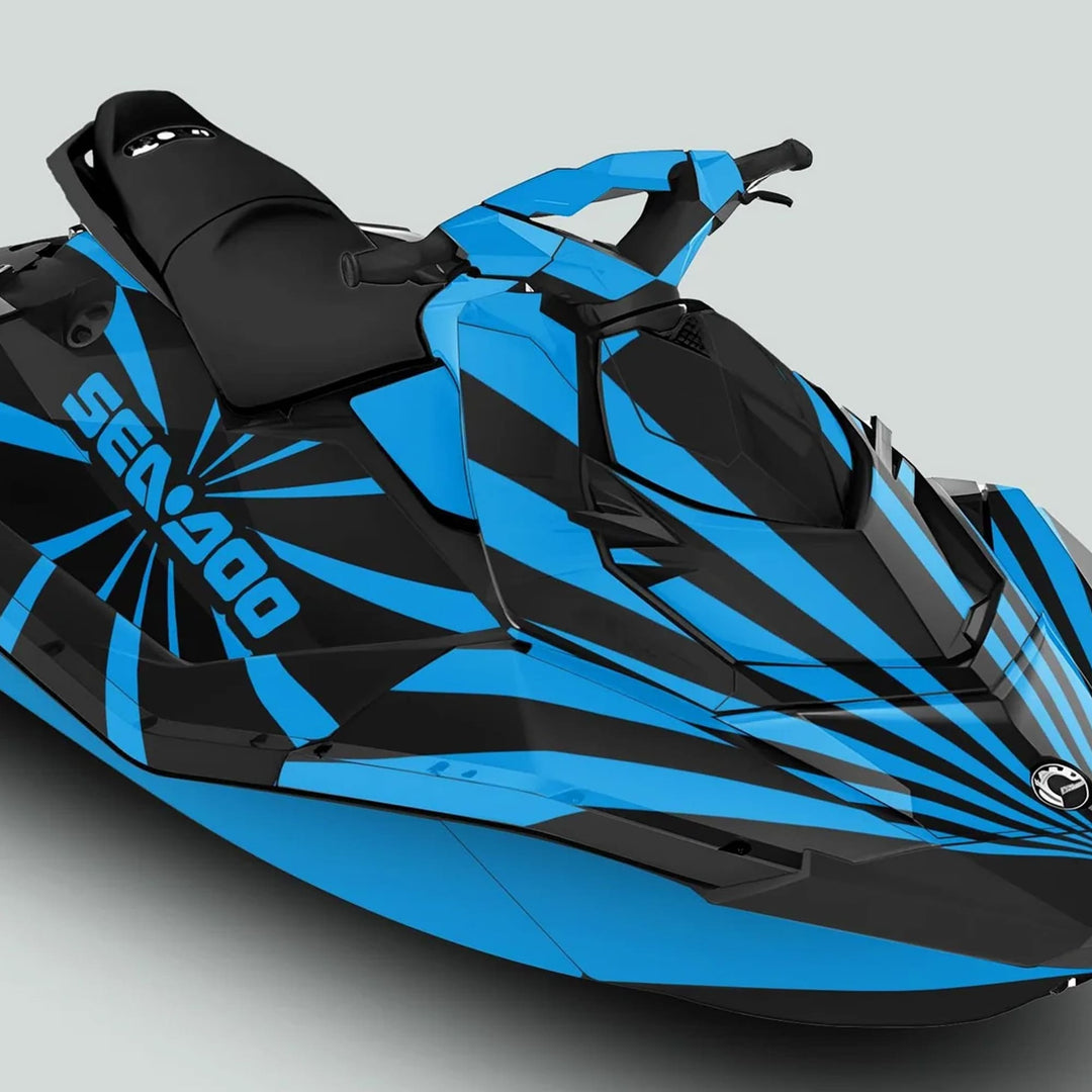 Sea Doo Spark Graphics Kit RAYS BLACK CYAN on a jet ski, showcasing handlebars, contoured seat, and sporty hull design for a stylish, durable upgrade.