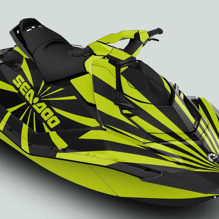 Sea Doo Spark Graphics Kit RAYS BLACK GREEN on jet-ski; features vibrant black and green rays, enhancing aesthetic with durable, weather-resistant decals for Sea Doo Spark models.