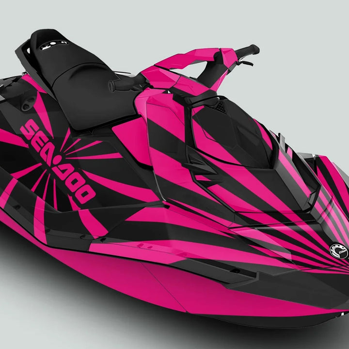 Sea Doo Spark jet-ski with RAYS BLACK MAGENTA graphics, featuring a striking pink-and-black striped burst wrap for vibrant, personalized aesthetics.