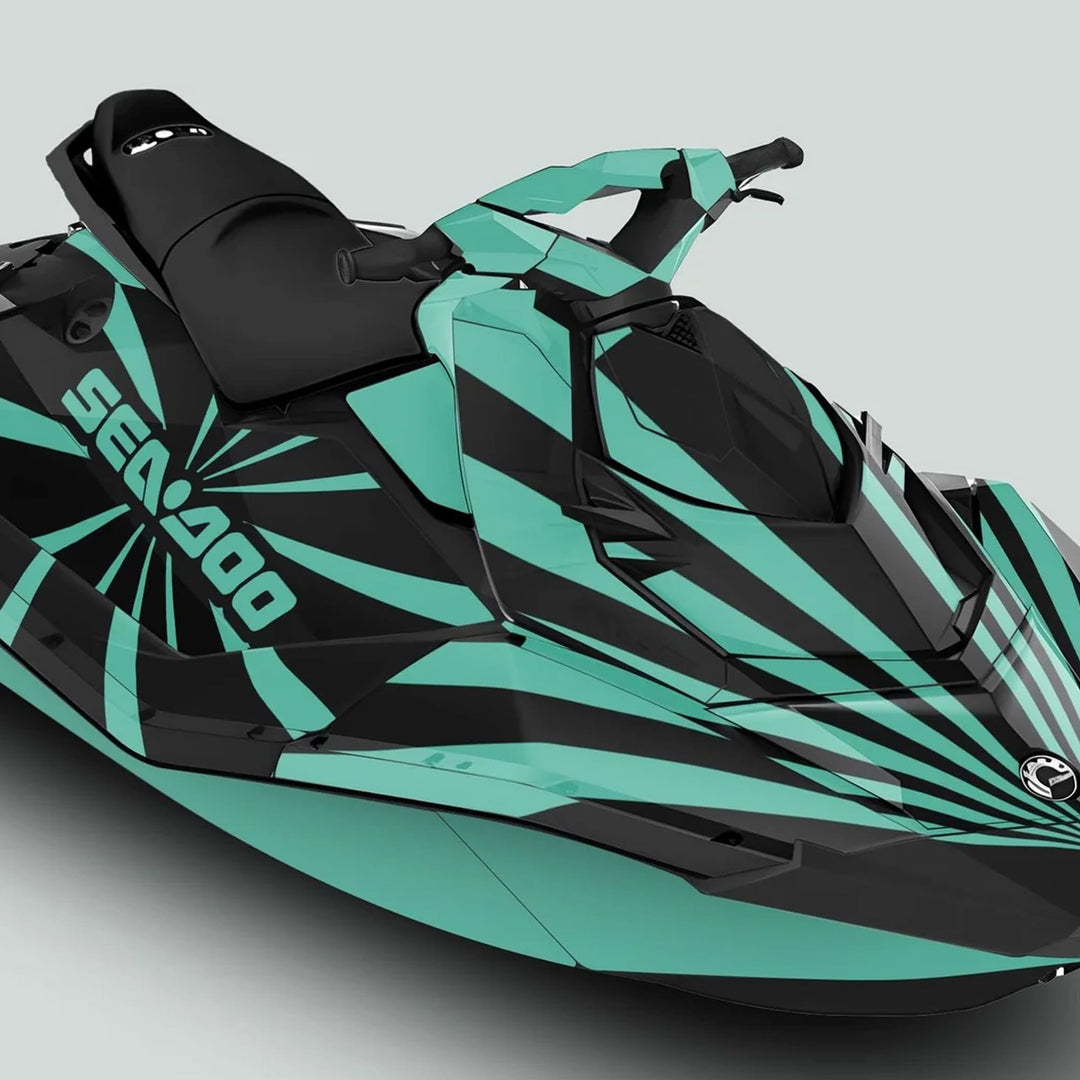 Sea Doo Spark Graphics Kit RAYS BLACK MINT on a teal-and-black jet ski, featuring geometric stripes, seat, handlebars, and hull design.