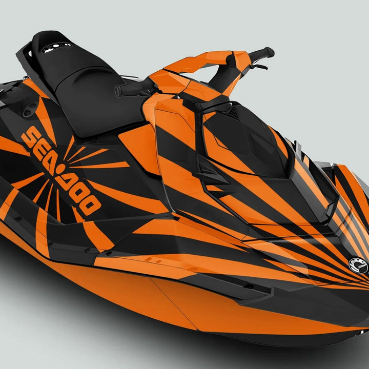 Sea Doo Spark Graphics Kit RAYS BLACK ORANGE featuring a dynamic orange and black striped design, custom-fit for Sea Doo Spark jet skis, enhancing style and protection.