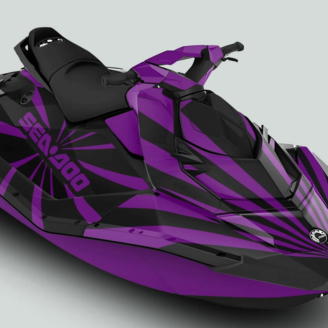 Sea-Doo Spark Graphics Kit RAYS BLACK PURPLE on a jet ski, showcasing a black-and-purple striped design with durable decals and Sea-Doo logo for standout style.