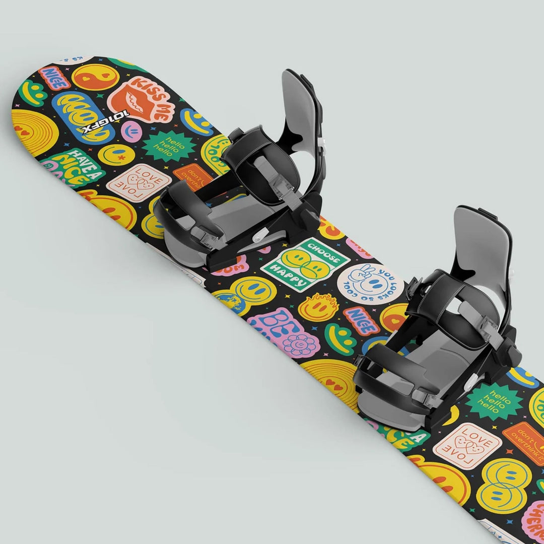 GOOD VIBES Snowboard Wrap with playful graphics and black bindings; vibrant, protective sticker skin for personal style and board durability on the slopes.