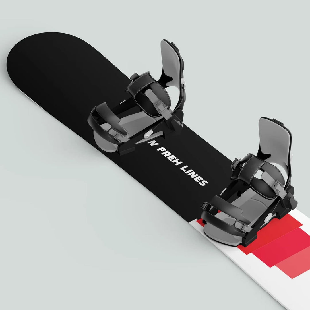 Snowboard with twin-tip style, strap-in bindings, and IN FRESH LINES slogan, showcasing Snowboard Wrap MARKER sticker decals for personalized style and protection.