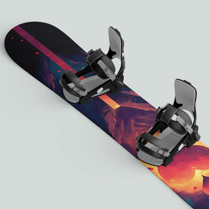 Snowboard with MOUNTAIN LOVE wrap featuring deep hues, adjustable bindings, showcasing durable vinyl skin designed for protection and style on the slopes.