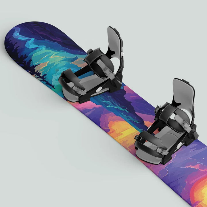 Snowboard with vibrant Snowboard Wrap PARADISE decals and black bindings, showcasing artistic mountain and sunset graphics for a stylish, protective snowboard enhancement.