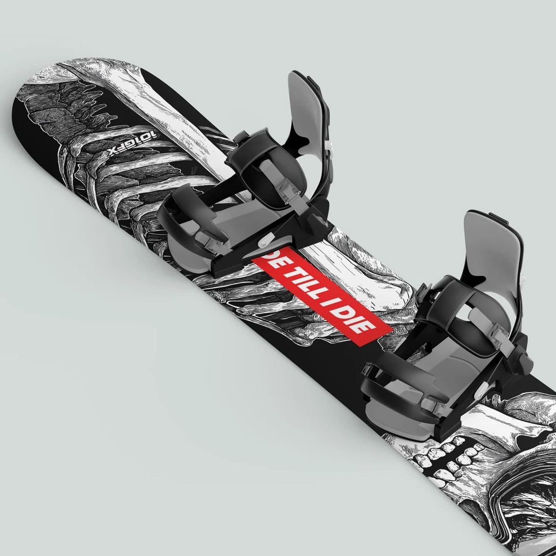 Snowboard Wrap RIDE TILL DIE featuring a white skeleton graphic and red banner, with black-and-grey bindings, designed for protection and style.