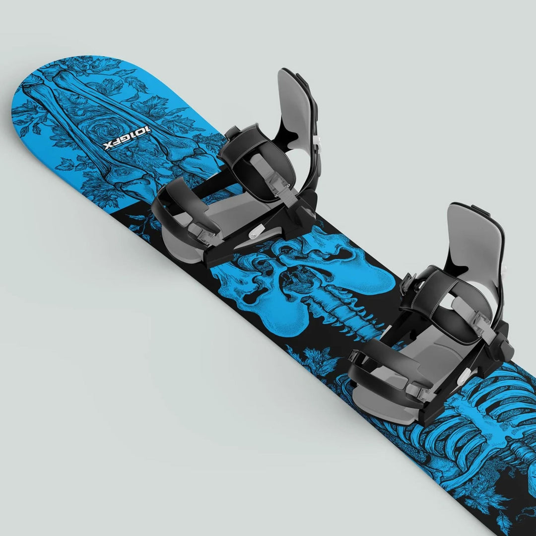 Snowboard with RIDER FOREVER CYAN wrap, featuring a black and blue skeleton design and strap-in bindings, highlighting style and protection for snowboarding enthusiasts.