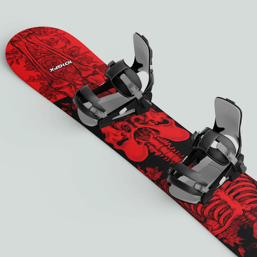 Snowboard Wrap RIDER FOREVER RED features a red-and-black skeletal motif, fitted with adjustable black bindings, enhancing style and protection for avid snowboarders.