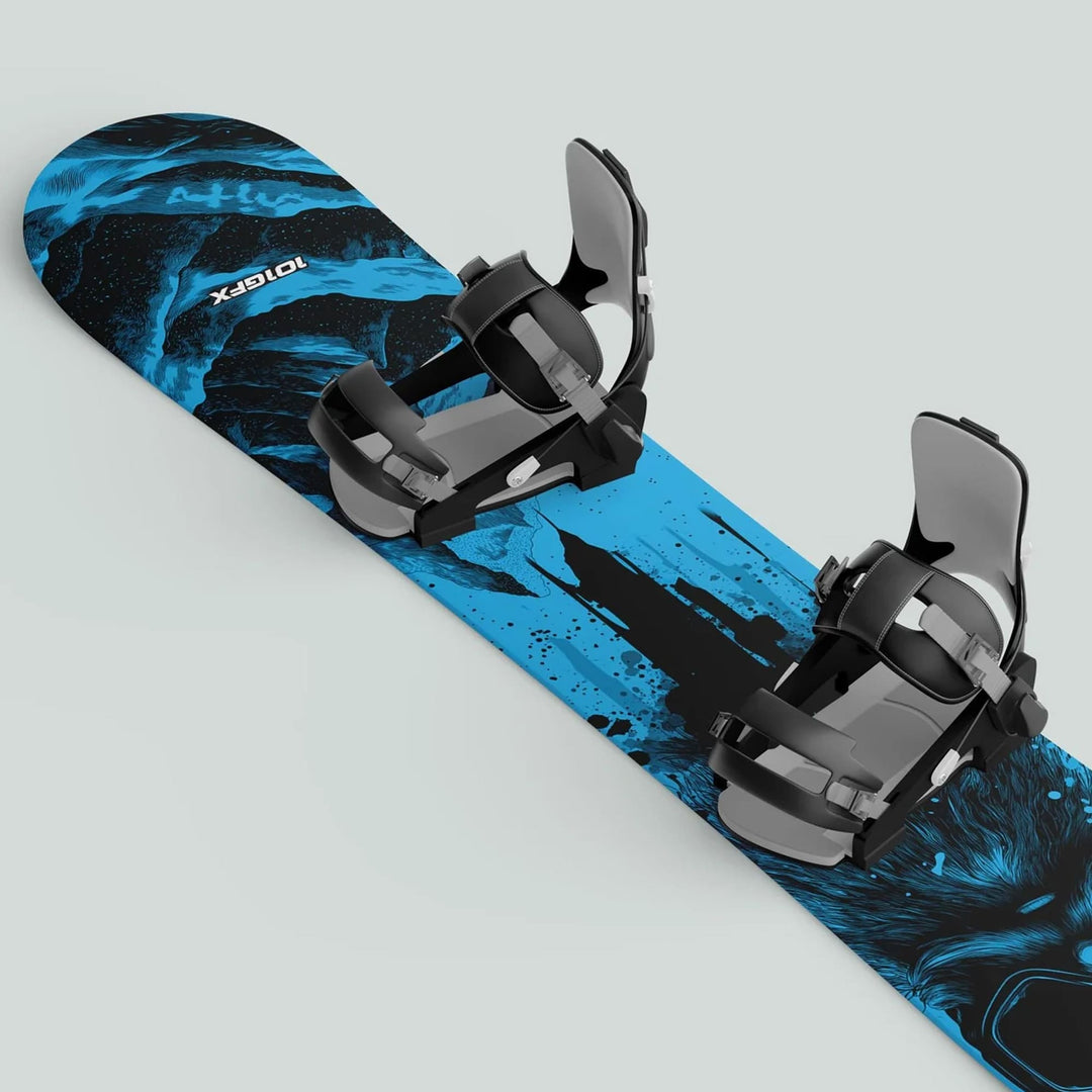 Snowboard Wrap SNOWER CYAN sticker skin decals on a snowboard with black bindings, featuring an abstract blue and black graphic pattern, enhancing style and protection.