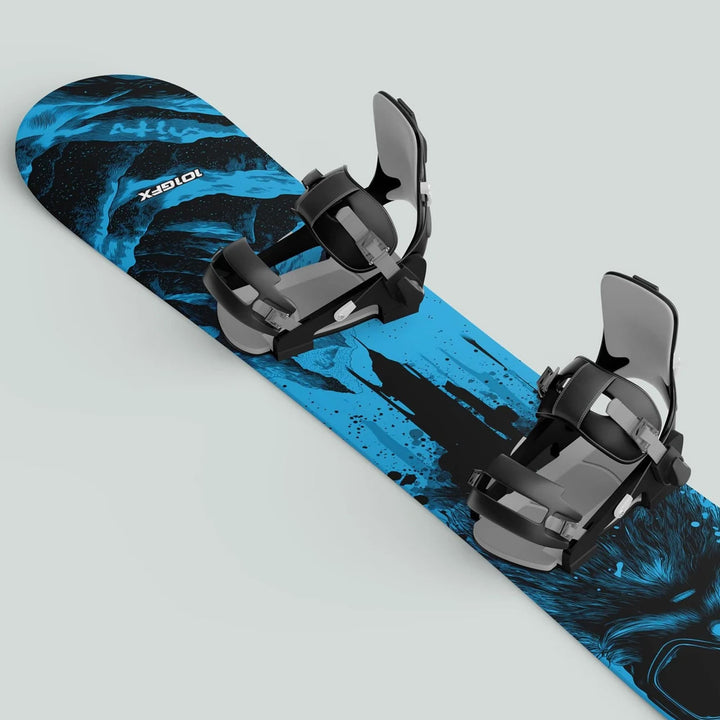 Snowboard Wrap SNOWER CYAN sticker skin decals on a snowboard with black bindings, featuring an abstract blue and black graphic pattern, enhancing style and protection.