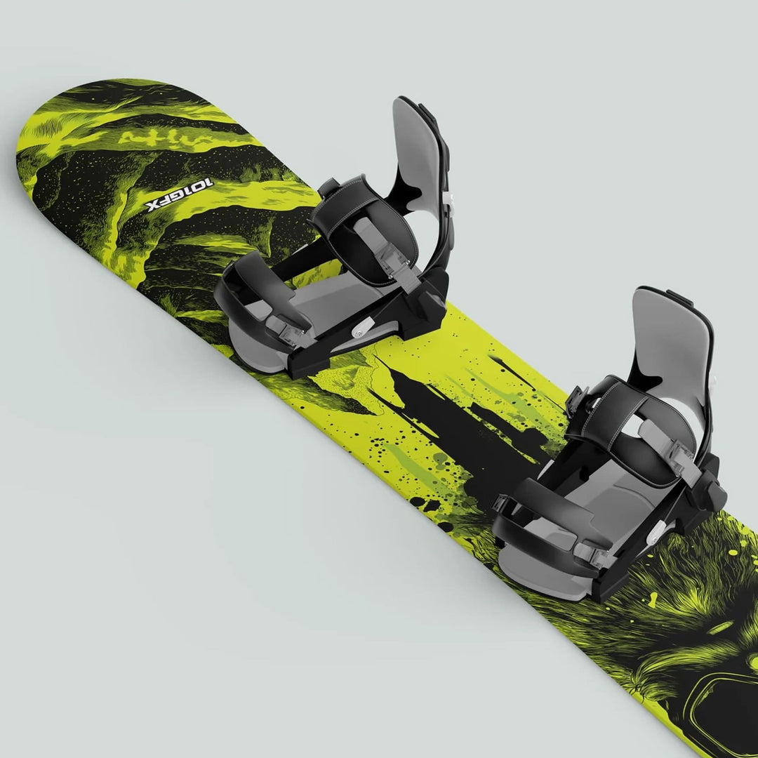 Snowboard Wrap SNOWER GREEN featuring neon green and black graphics with mounted black bindings, enhancing style and durability with full-coverage decal.