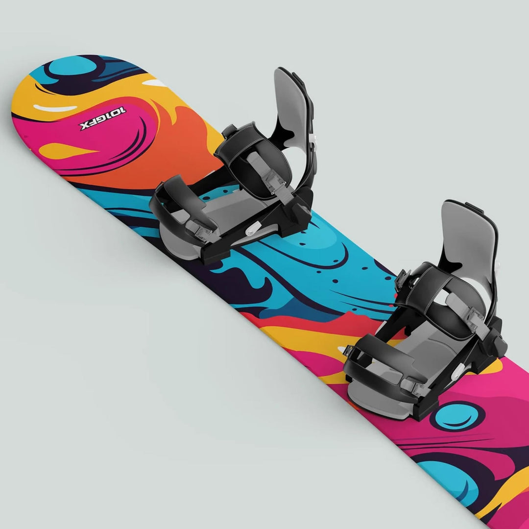 Snowboard Wrap STREET STORM sticker skin on snowboard, featuring abstract swirl graphics with attached bindings for enhanced style and protection during winter sports.