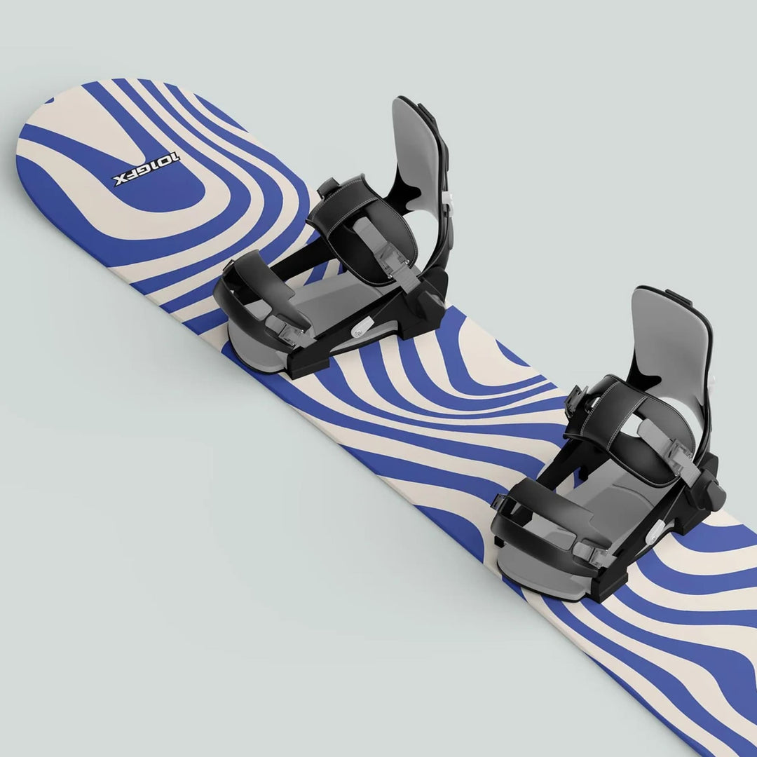 Snowboard Wrap WAVY WHITE BLUE with black strap-in bindings, featuring padded highbacks. Bold wavy blue stripes on a white base, enhancing style and protection.