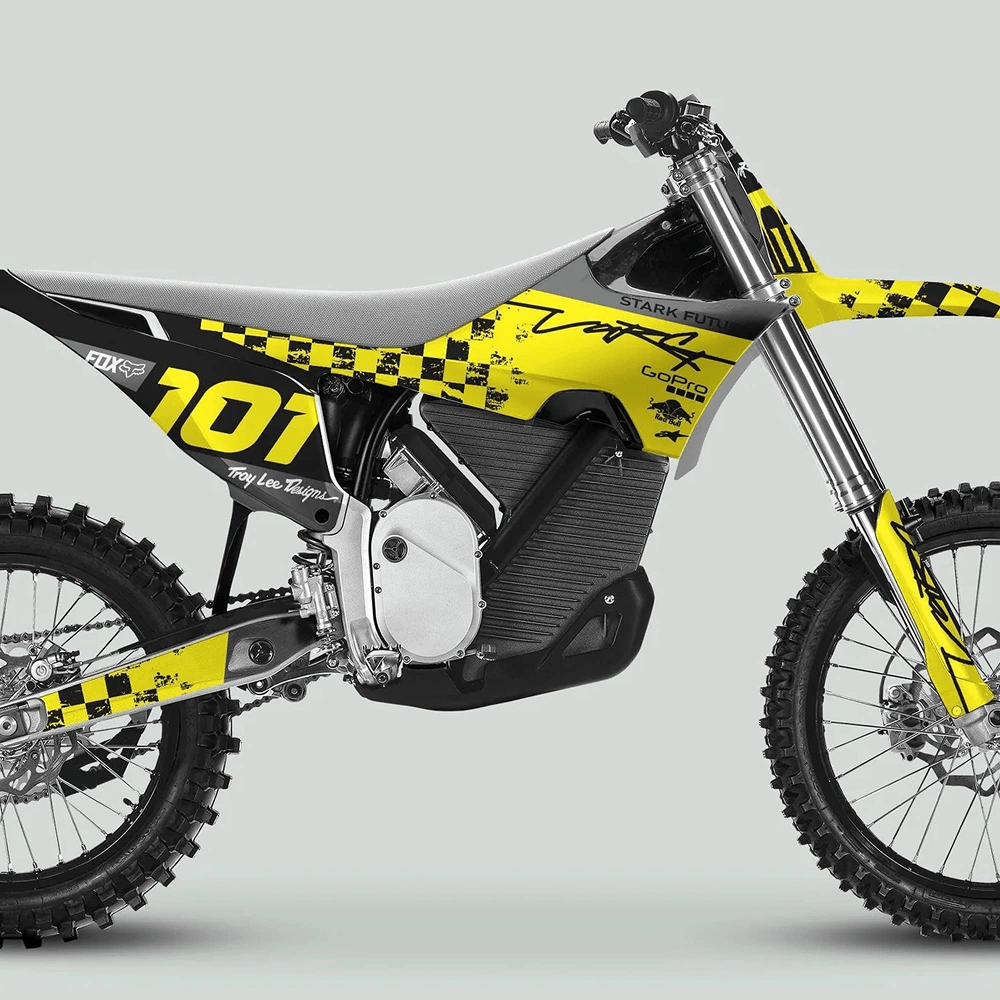 Dirt bike with 101 on a yellow-black Stark Varg Graphics Kit RACE BLACK Yellow Decals Stickers, featuring sponsor logos and electric mid-frame motor.