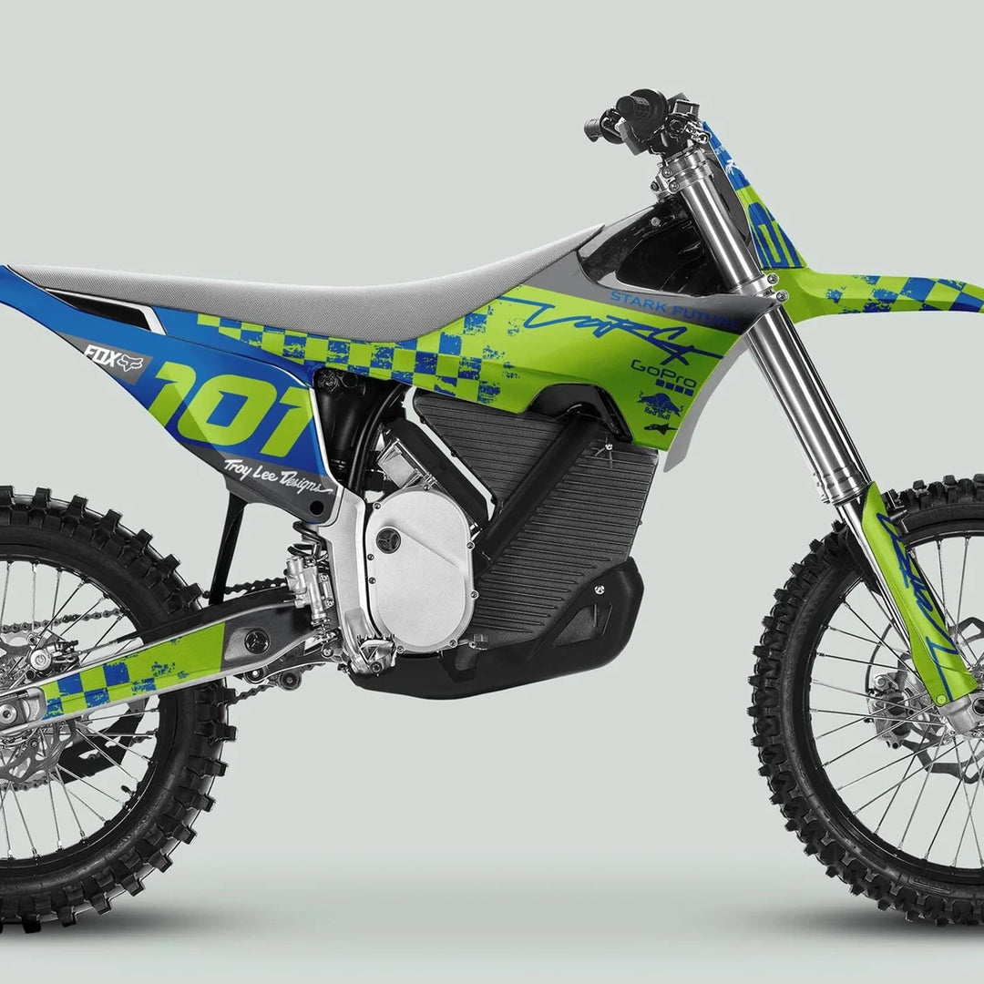 Stark Varg Graphics Kit RACE BLUE Green Decals Stickers on electric dirt bike, number 101, with sponsors displayed, emphasizing high-quality, durable, vibrant customization for standout aesthetics.